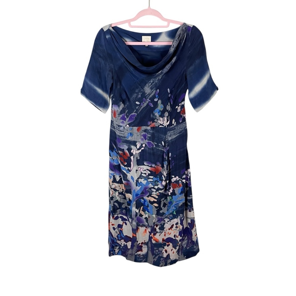 Anthropologie Navy Floral-Print Cowl Neck Midi Dress